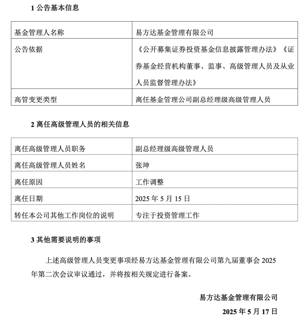 又一例!易方达基金张坤卸任副总职务,将专注于投资管理工作 第1张 又一例!易方达基金张坤卸任副总职务,将专注于投资管理工作 第1张